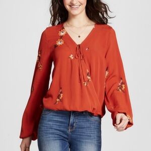 Mossimo Orange Floral Faux Wrap Surplice Blouse XXL